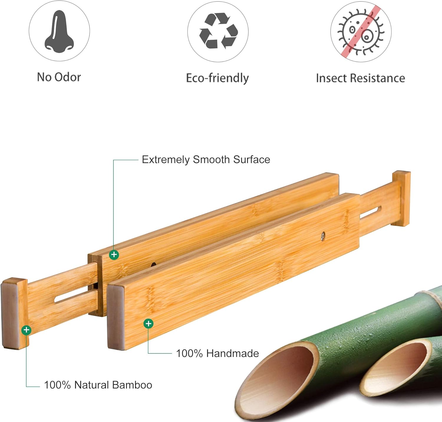 6 Pack Bamboo Drawer Dividers, Spring Loaded Adjustable Drawer Separators (2.1" High, 17.5"-21.65"), Perfect Expandable Wooden Drawer Dividers for Kitchen, Bedroom, Bathroom, Dresser & Office: Home & Kitchen