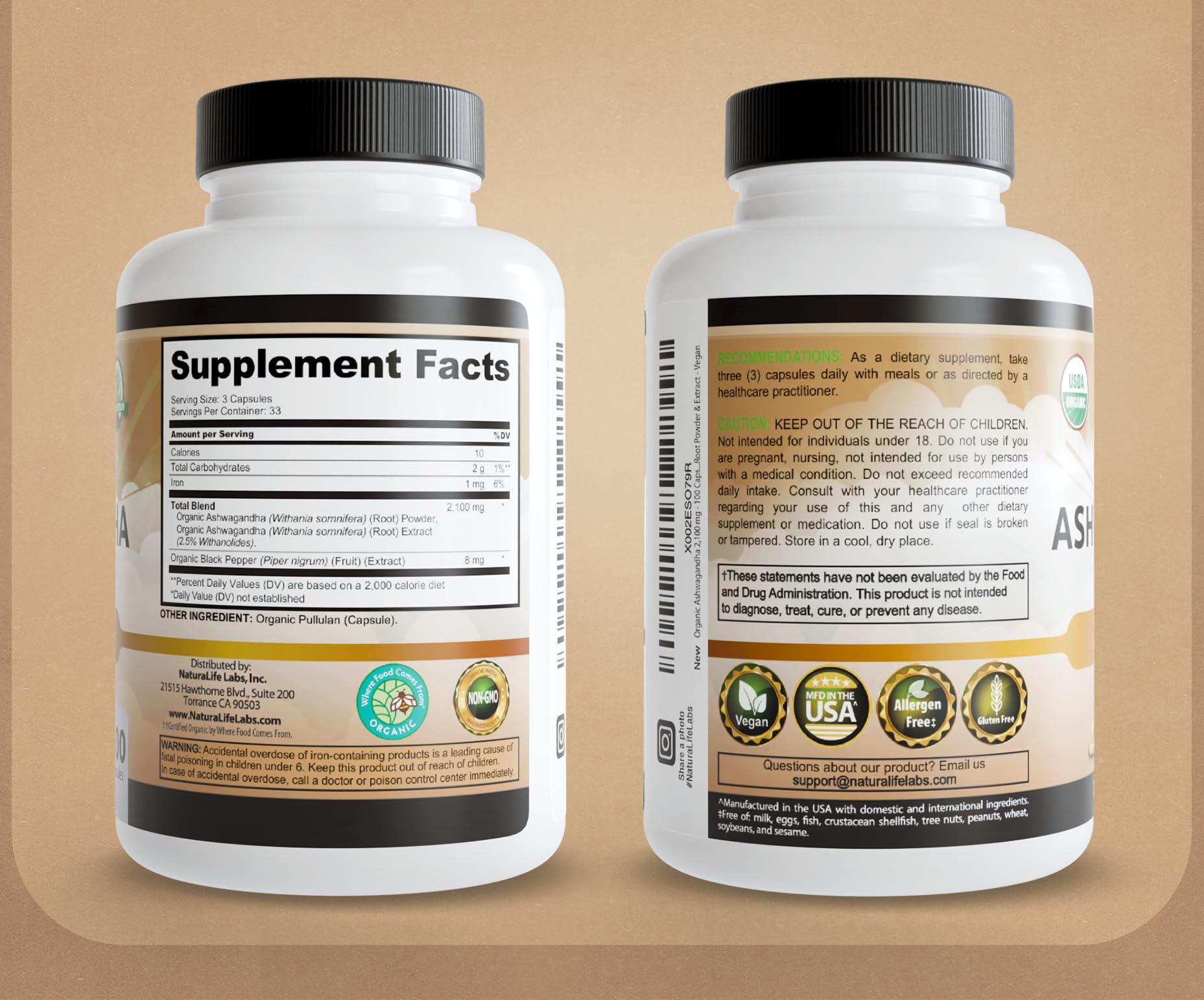 NaturaLife Labs Organic Ashwagandha 2100 mg per Serving – Root Powder & Extract – 100 Capsules – Vegan, Non-GMO, Gluten-Free