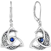 Raymard Trinity Celtic Knot Moon Leverback Earrings for Womens, 925 Sterling Silver Dangle Drop Round Gemstone Earrings, Irish Celtic Jewelry for Women