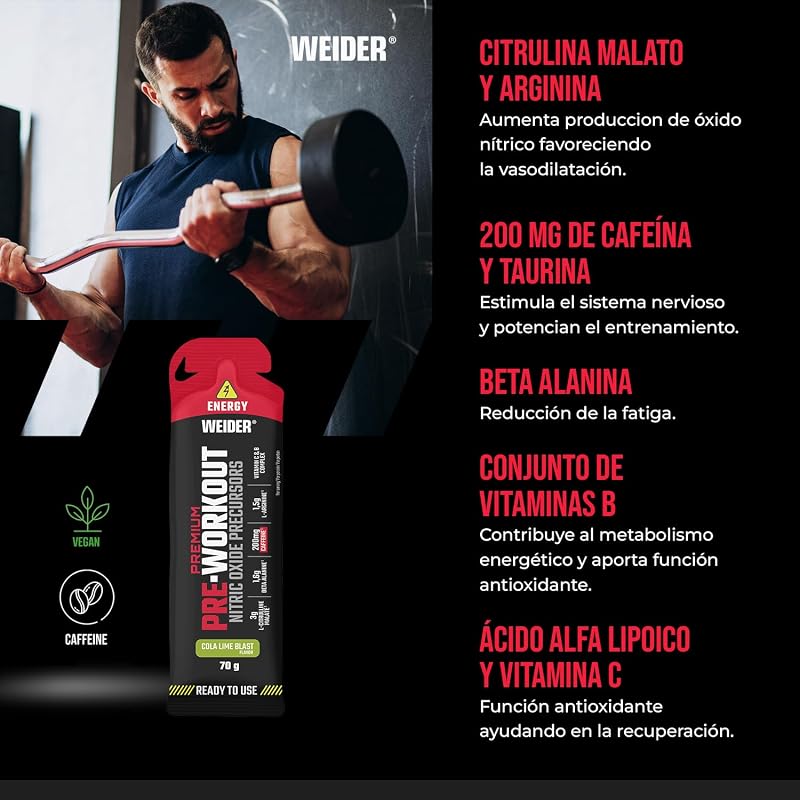 Premium Pre-Workout Gel (12 x 70g) Sabor Cola-Lima, Precursore de Óxido Nítrico, Con L-Citrulina, L-Arginina, Beta Alanina, Cafeína y Vitaminas, Energía Inmediata, Monodosis Ready-to-use