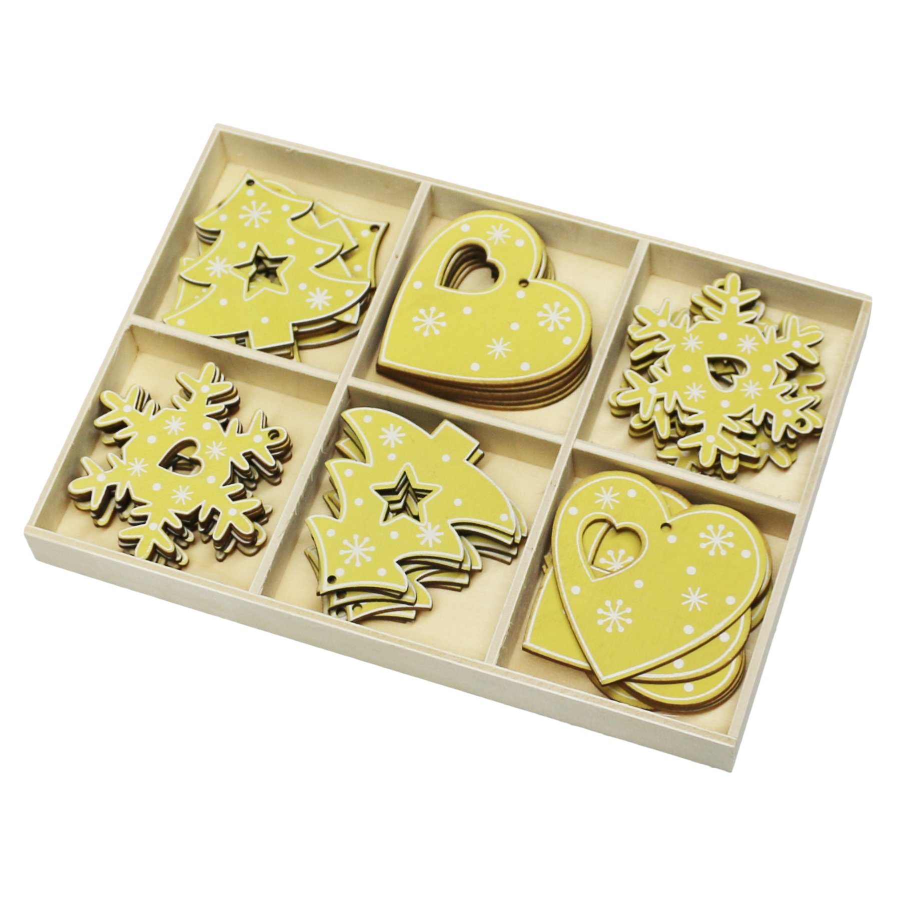 Robelli Pack of 36 Wooden Christmas Tree Pendants (Snowflakes, Trees & Hearts)