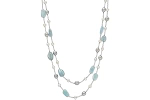 Belacqua Natural Aquamarine & Cultured Freshwater Pearl Layered Station Necklace for Women | Sterling Silver 18" Rolo Chain | Jewelry for Her | Gift Box Included