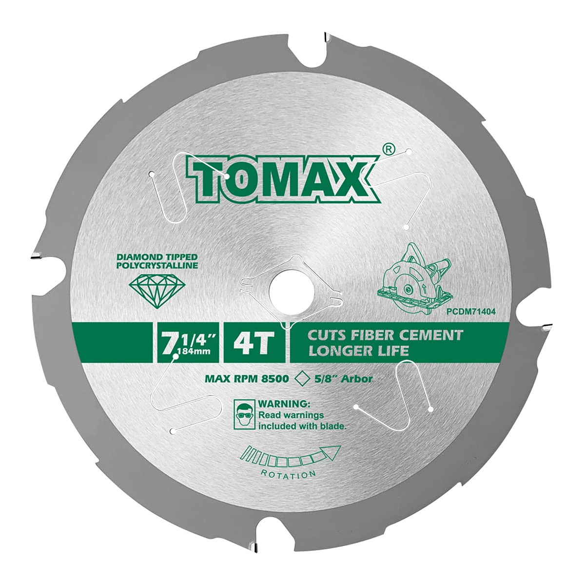 Photo 1 of TOMAX PCDM71404 7-1/4 Inch 4 Tooth Polycrystalline Diamond Tipped (PCD) Hardie Fiber Cement Saw Blade with 5/8-Inch DMK Arbor