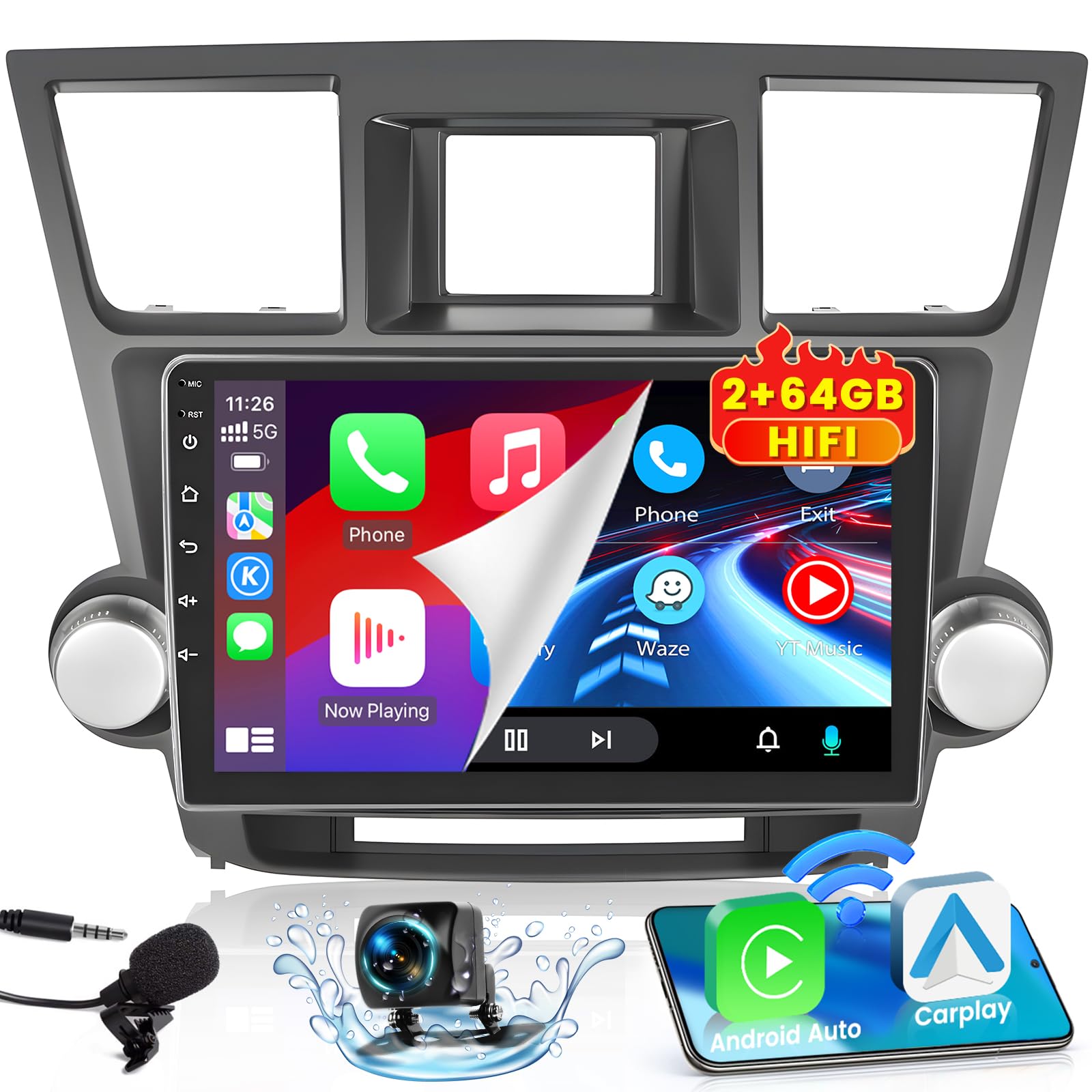 Photo 1 of Hikity 2+64G for Toyota Highlander 2008-2013 Android 13 Radio with Wireless Carplay Android Auto, 10.1'' Touch Screen Stereo HiFi WiFi Bluetooth GPS Navigation SWC FM RDS Backup Camera Mic