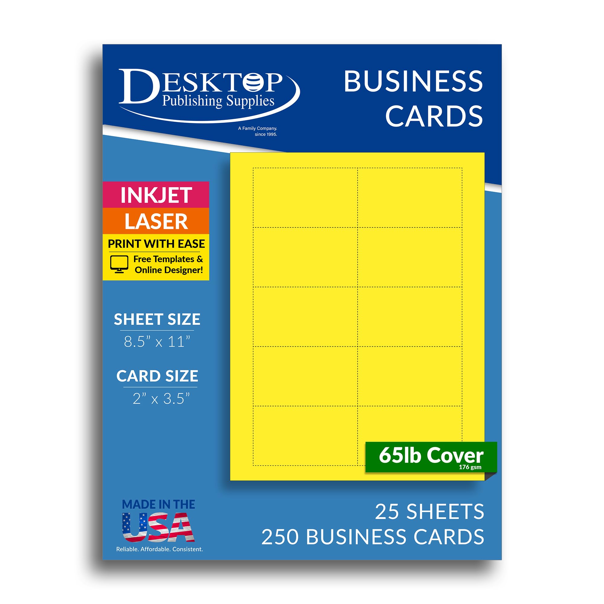Photo 1 of Colored Business Cards - 25 Sheets / 250 Business Cards - Inkjet & Laser - 10 per sheet (Bright Yellow)