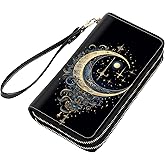 stmedazm Celestial Theme Stars with Crescent Moon Print Women Large Capacity PU Leather Double Zipper Wallet, Multifunctional Clutch Purse for Cash/Card/Coin/Smart Phone