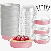 OBXMLFY Mini Cake Pans With Lids And Spoons, Baking Tins For Round Small Desserts 7 Oz Aluminum Foil Baking Pans Disposable Ramekins Individual Cake Containers Holders For Tart Quiche Flan (50, Pink)