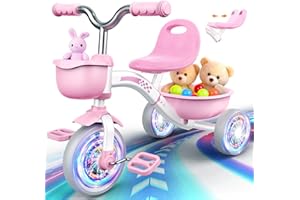 Kkdi Toddler Tricycle for 1-3 3-5 Year Olds, 2 3 4 5 Year Old Girl Xmas Birthday Gifts, Pink Toddler Baby Bike, 4-Level Adjustable Seat, 3 Color Light Wheels, 2 Baskets, Outdoor Toys for Ages 2-4