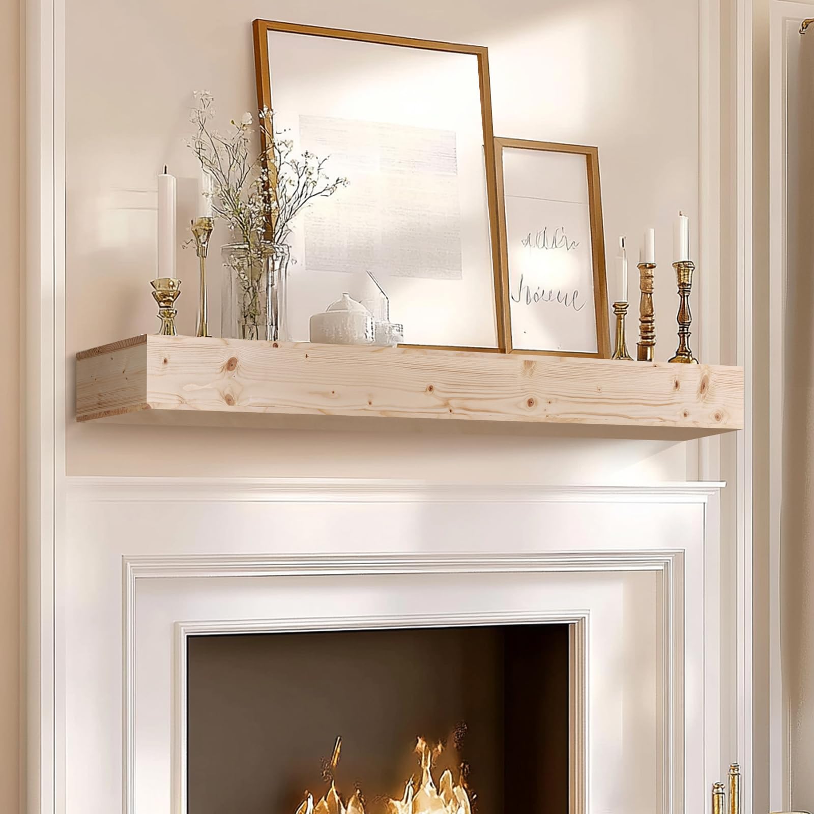 Photo 1 of ABSWHLM 60x8x5 Fireplace Mantel - Handcrafted Hollow Rustic Solid Wood Wall Mounted Floating Shelf - DIY Color - with Invisible Heavy Duty Wood Bracket