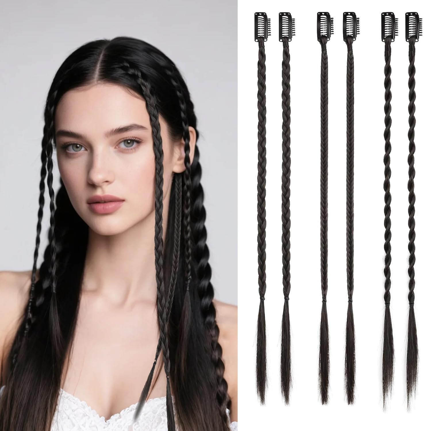 Photo 1 of XUENMB 6PCS Braid Hair Extensions Clip in Braid Extensions for Women Natural Synthetic Braided Hairpieces Statement Blonde Braids for Daily Costume Party (Natural Black)