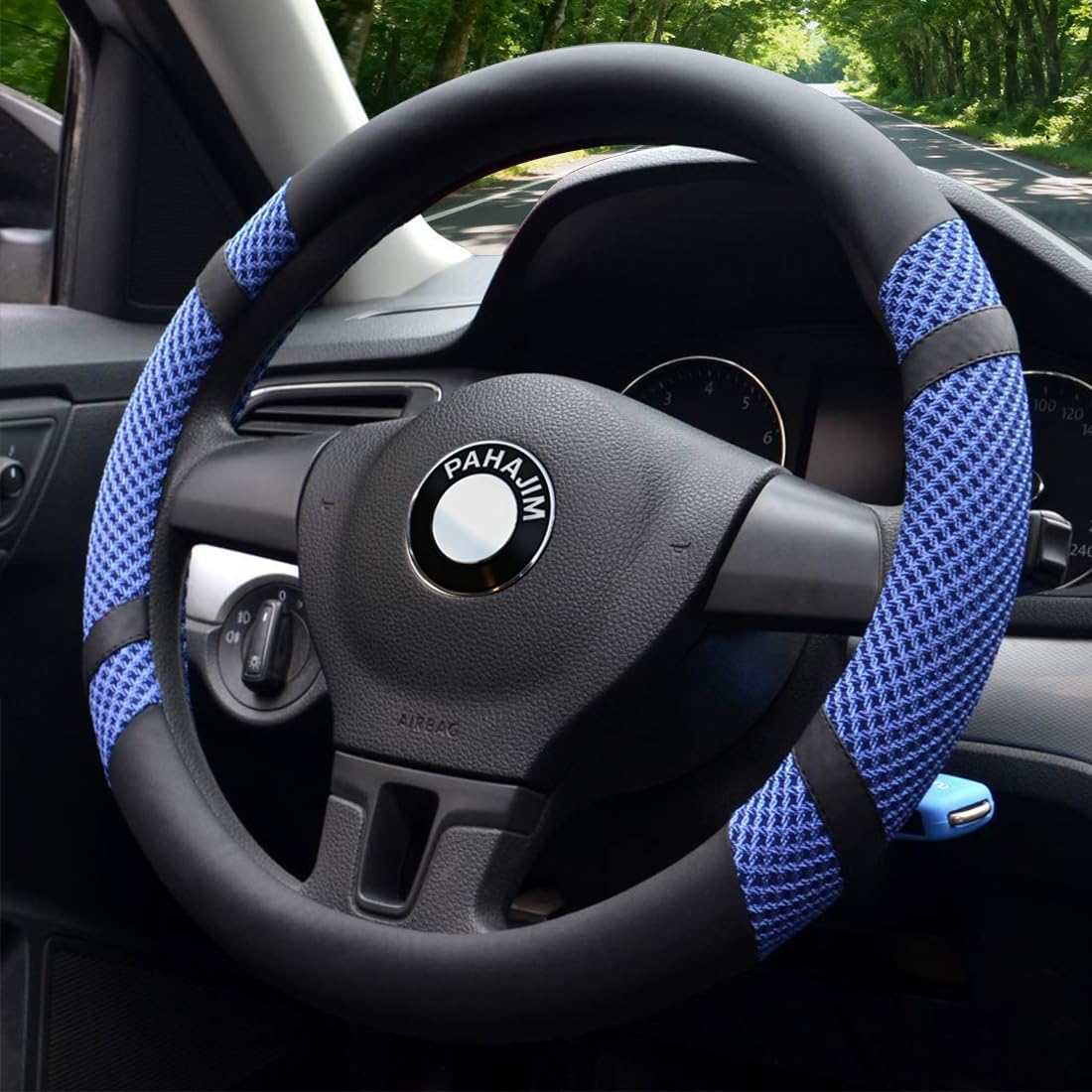 Pahajim Steering Wheel Covers PU Leather Breathable Non Slip Anti Skid Car Accessories 37-38cm Steering Wheel Protector for Men Women (Blue)
