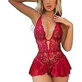 BIGFOX Sexy Lingerie for Women Lace Bodysuit One Piece Teddy Sleepwear Mini Babydoll Mesh Chemise Nightgowns V Neck Nightwear