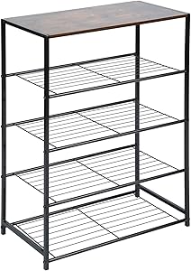 HOMEFORT 5-Tier Metal Shoe Rack, All-Metal Shoe Tower, Shoe Storage Shelf with MDF Top Board, Each Tier Fits 3 Pairs of Shoes, Entryway Shoes Organizer with Sturdy Metal Shelves in Rustic Brown