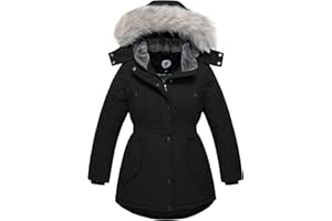 FARVALUE Girls' Long Winter Coats Warm Parka Lined Puffer Jacket Thicken Fleece Hooded Coat with Fur Collar for Girls