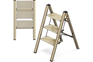 GameGem 3 Step Ladder, Aluminum Folding Step Stool with Anti-Slip Sturdy and Wide Pedal, Lightweight Portable Stepladder for Home and Kitchen Use Space Saving, 330 lbs, Champagne Gold