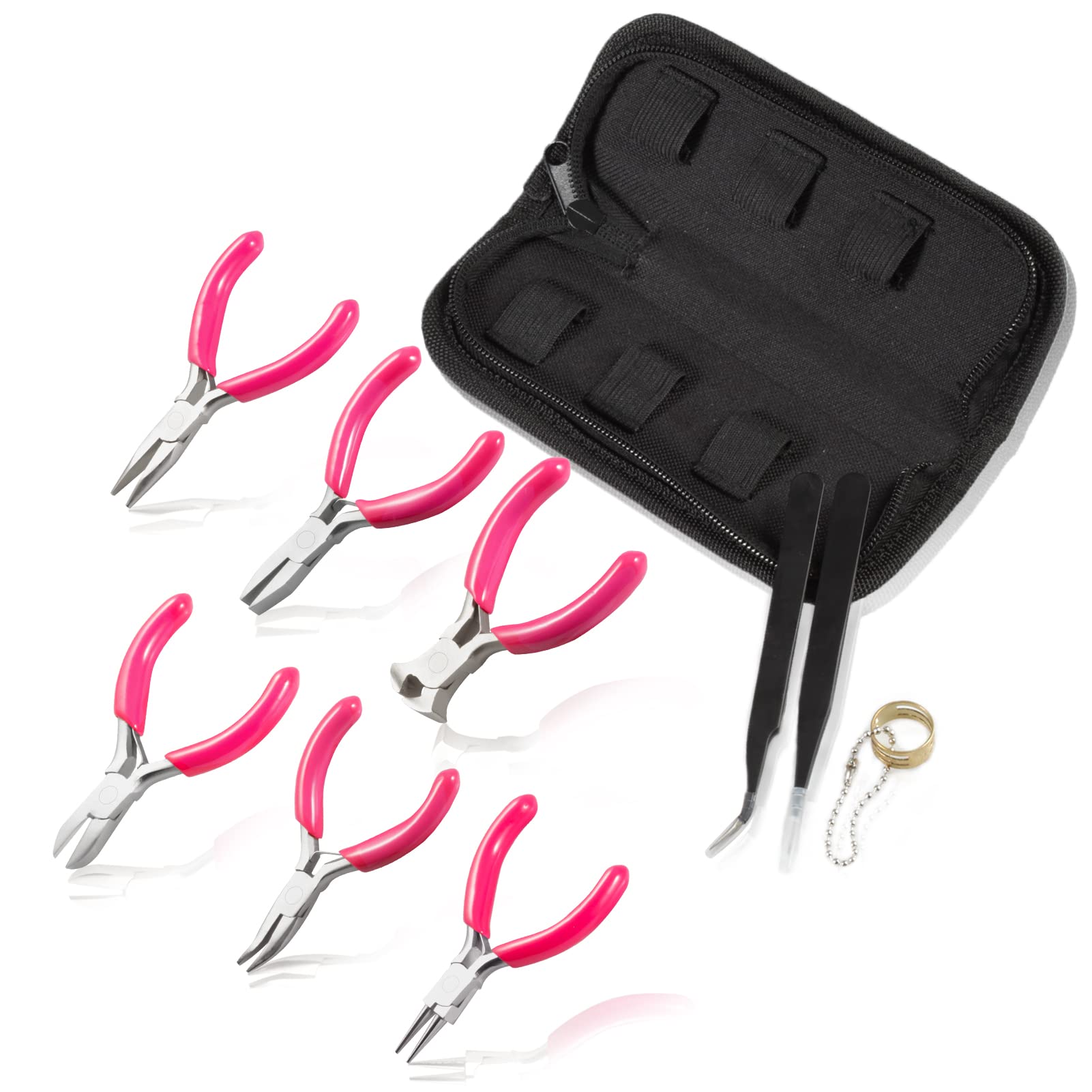 LEONTOOL 6PCS Mini Jewelry Pliers Set, 3 Inches Pliers Set with Long Nose Pliers Bent Nose Pliers Wire Cutters End Cutting Pliers Flat Nose Pliers Bead Chain Electronics Tweezers Jump Ring Opener