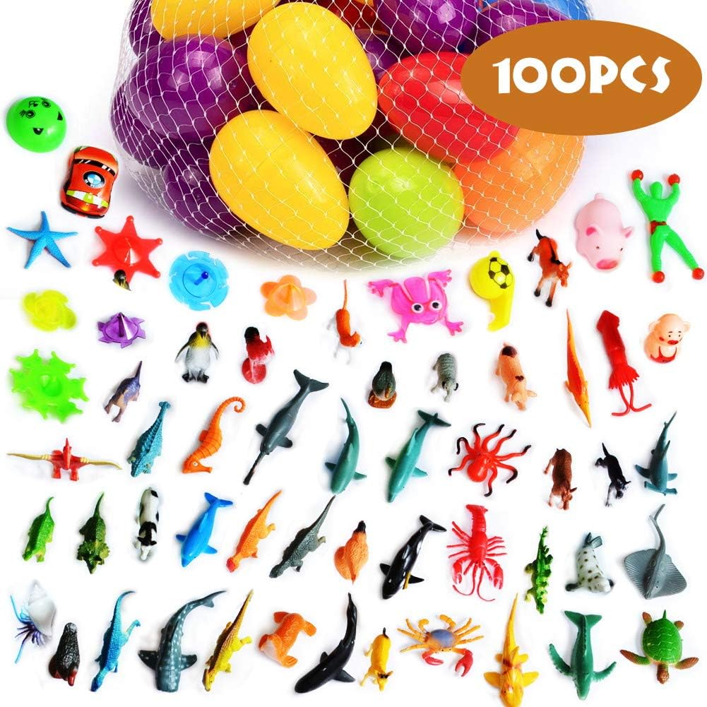 AYAOQIANG Egg Hunt Pack 100 Pcs,Easter Eggs Filled with Dinosaur,Mini Pull-Back Vehicle Toys,Animals for Easter Theme Party Favor,Basket Filler, Classroom Prize Supplies (multicoloured)