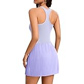 Womens Tennis Dress Pleated Racerback Athletic Dress with Built in Shorts Sleeveless Golf Dresses with Pockets