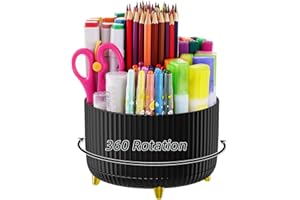 Marbrasse Desk Organizer, 360-Degree Rotating Pen Holder, Desk Organizers and Accessories with 5 Compartments Pencil Holder, Art Supply Storage Box Caddy for Office, Home (Black)