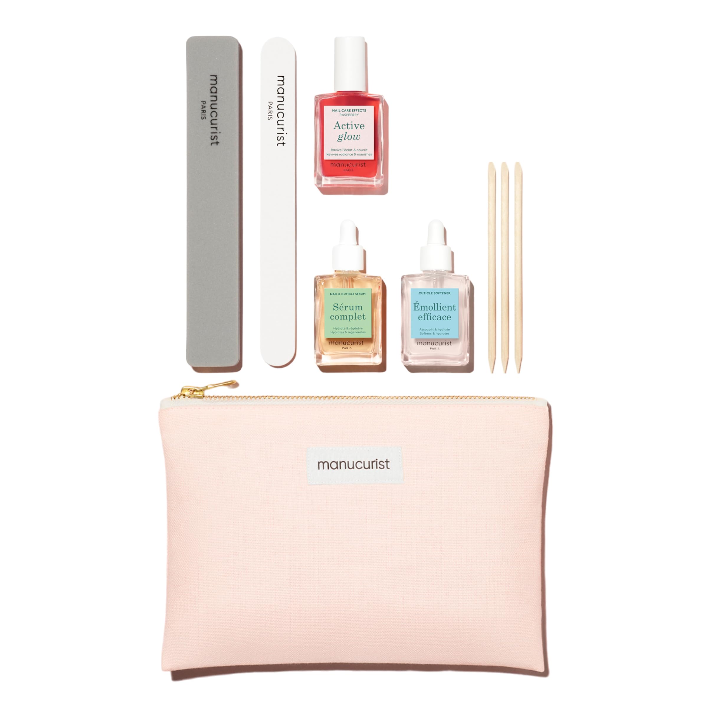 Manucurist Active Glow Manicure Set - Nail Care Set, Made in France: 1 Nail File, 1 Nail Buffer, 1 Cuticle Remover, 3 Wood Cuticle Pushers, 1 Active Glow, 1 Complete Serum - Manicure Kit