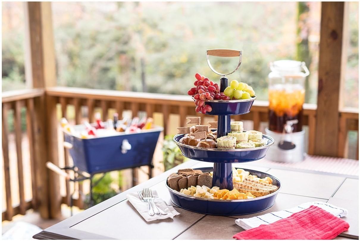 Enameled Galvanized 3 Tier Collapsible Server with Wood Handle & Food Safe Steel (Blue)