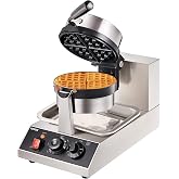 VEVOR Commercial Waffle Maker, 1300W Round Waffle Iron, Non-Stick Rotatable Waffle Baker Machine With 122-572℉ Temp Range and Time Control, Teflon-Coated Baking Pan Stainless Steel Body 110V