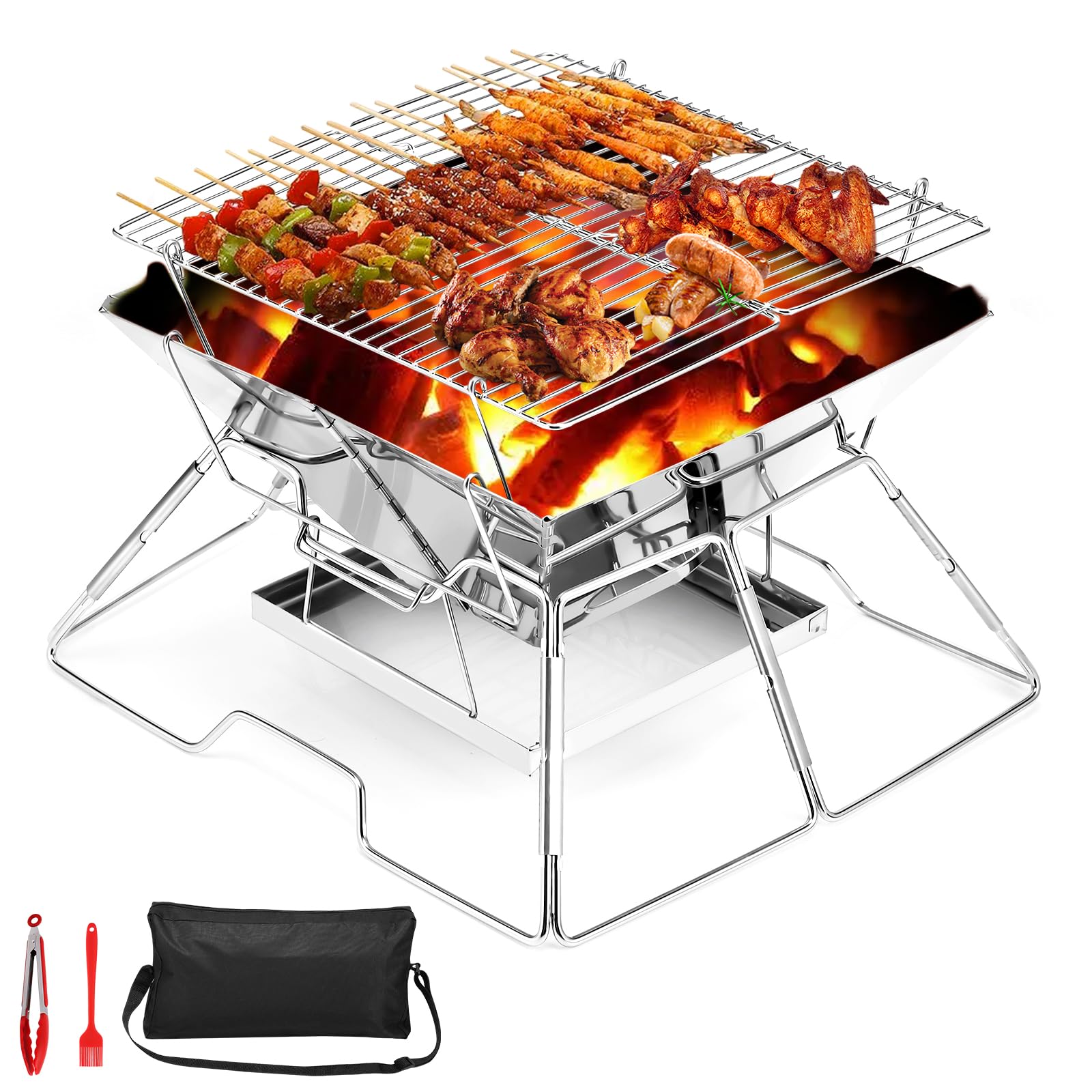 Portable Fire Pit BBQ For Camping: Stainless Steel Folding Firepit Small Barbecue Charcoal Grill For Garden, Outdoor, Campfire