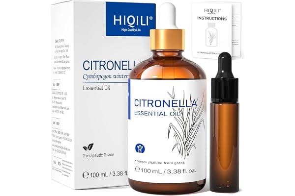 HIQILI Citronella Oil for Homemade Sprays, Add to Diffuser, 100% Pure and Natural Undiluted - 100ml | With 10ml Travel Bottle