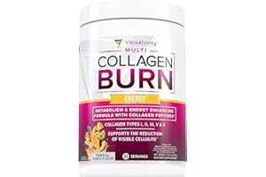 VITAUTHORITY Multi Collagen Burn: MultiType Hydrolyzed Protein Peptides with Hyaluronic Acid, Vitamin C, SOD B Dimpless, Types I, II, III, V and X, with Caffeine 30 Servings Tropical Punch Flavored