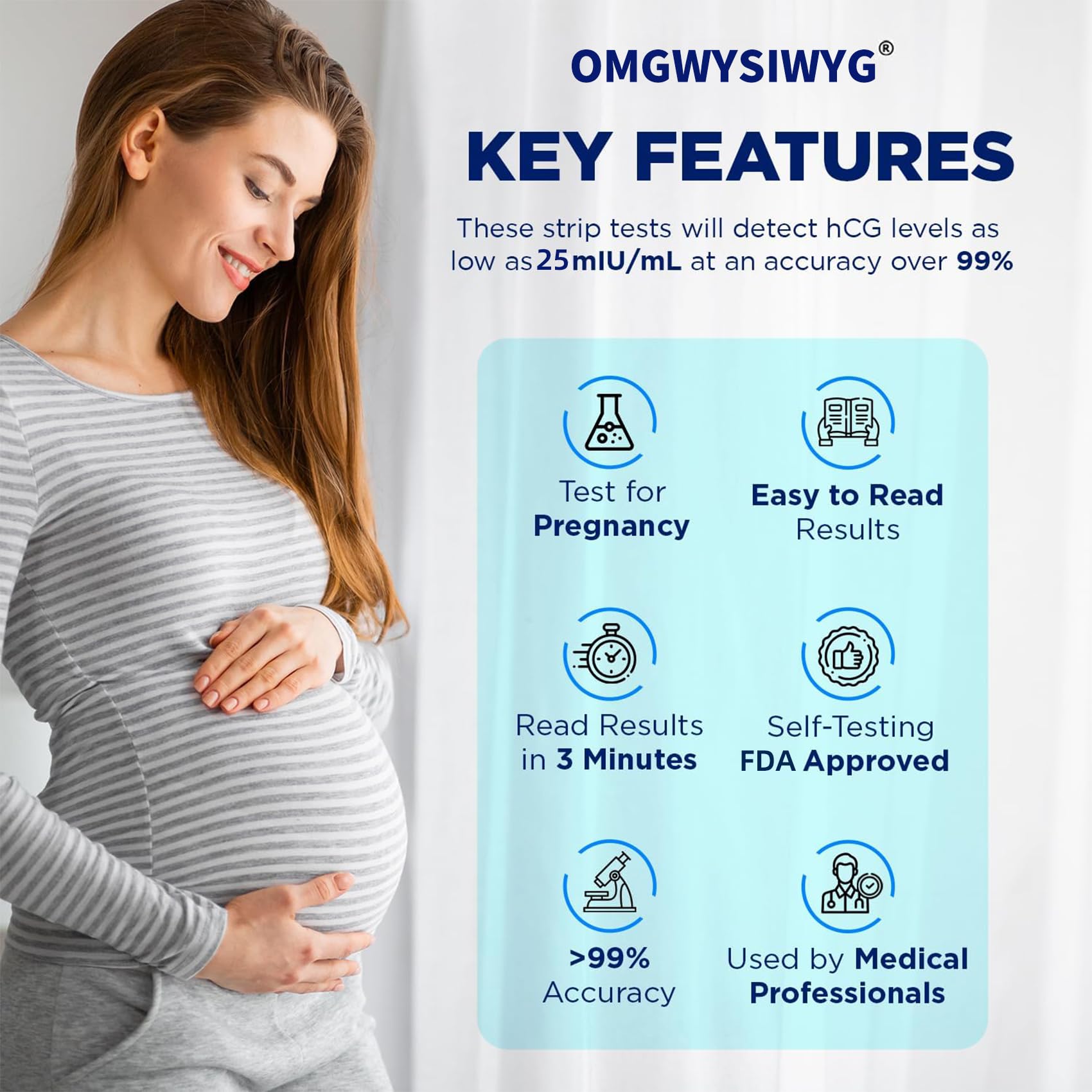 [5 Pack] OMGWYSIWYG Pregnancy Test Strips Early Home Detection Pregnancy Test Kit Individually Wrapped Pregnancy Strips Clear HCG Test（5 Tests）