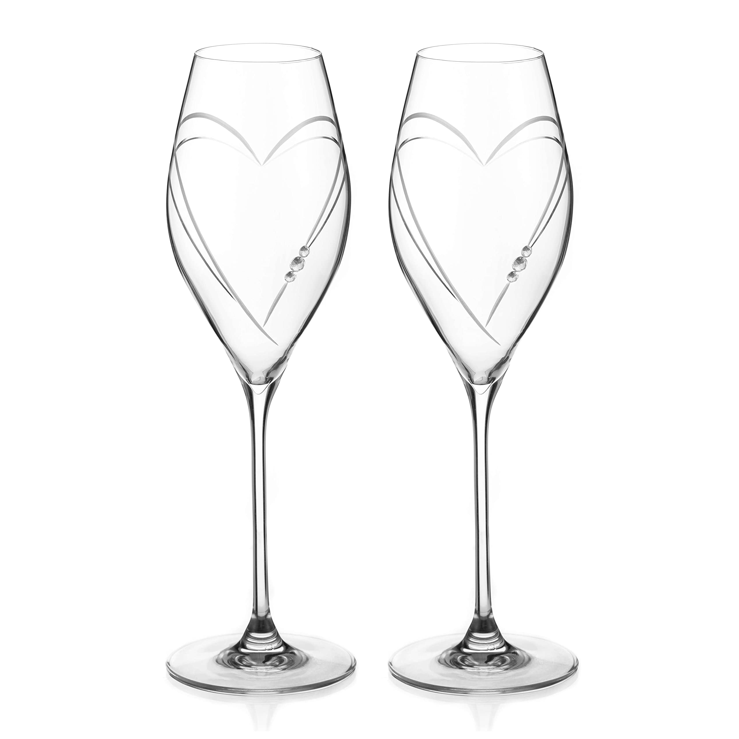 DIAMANTE Swarovski Prosecco Glasses Pair - 'Hearts' Design with Swarovski Crystals - Gift Box Set of 2