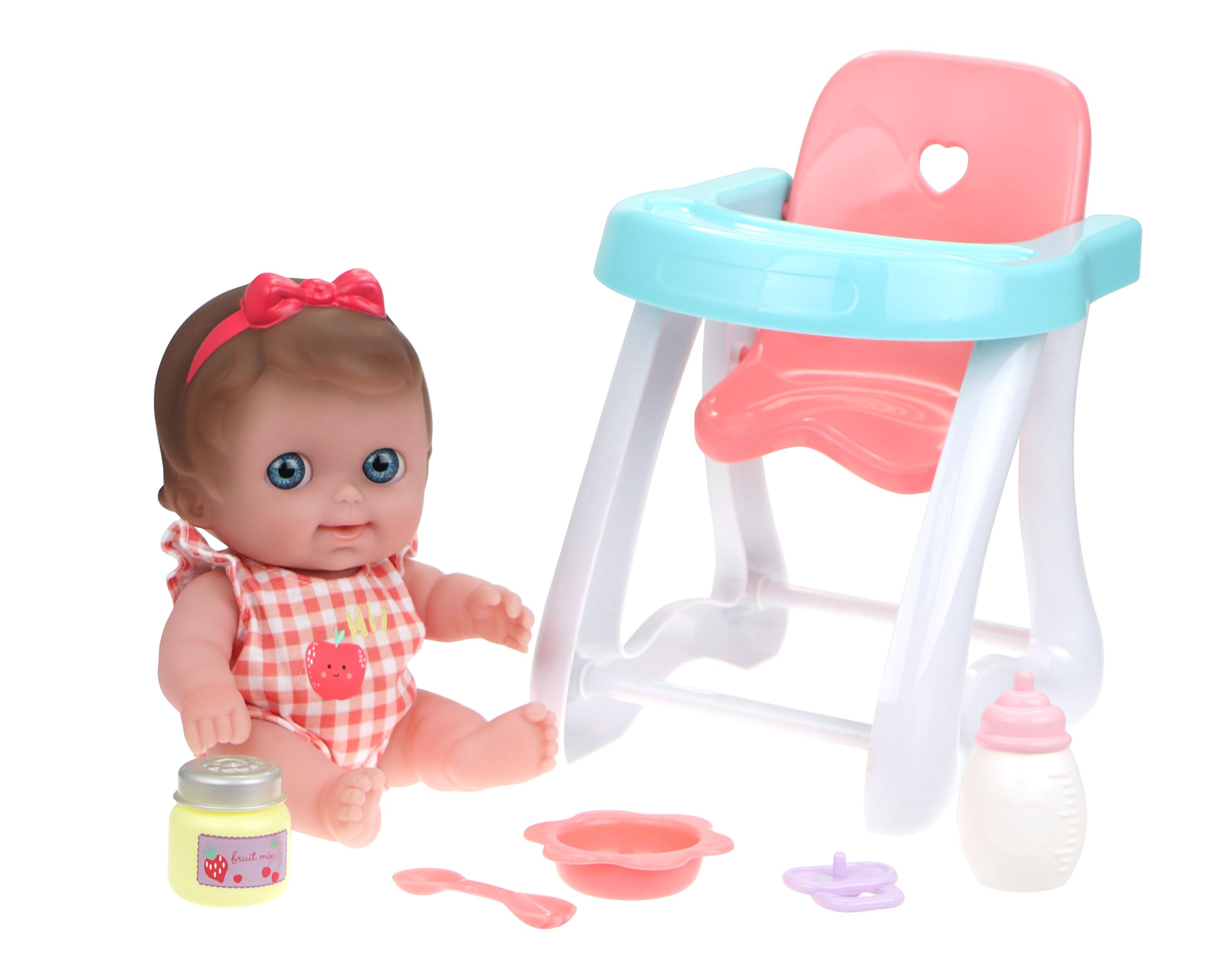 JC Toys - Lil' Cutesies 24 cm Soft Vinyl Doll, Dressed in a Pink Monkey, Includes High Chair for Eating and 5 Accessories, Ideal for Playing, Pink, Designed by Berenguer, +2 years