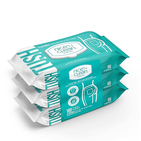 NICE ‘N CLEAN ADULT FLUSHABLE WIPES (3 X 60 COUNT) | PERSONAL CLEANSING WIPES MADE FROM PLANT-BASED FIBERS | INFUSED WITH ALOE & VITAMIN E
