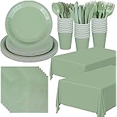 177 PCS Sage Green Party Supplies Sage Green Tableware Set Paper Plates Napkins Cups and Disposable Tablecloths for Wedding Bridal Shower Birthday Baby Shower Party Decorations, Serves 25