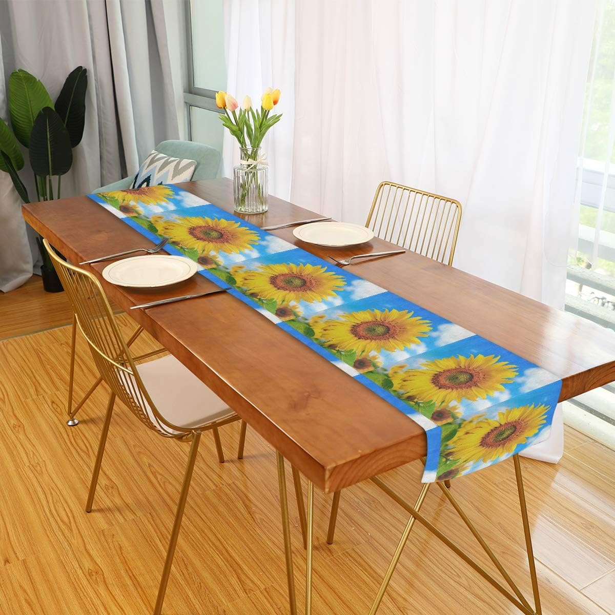 Table Runner Summer Floral Flower Sunflower Square Folding Dining Table Decor Scarves Non-Slip Modern Dinning Table Runners Cover Cloth Mat for Coffee Kitchen Paty Patio,Rectangular 70"