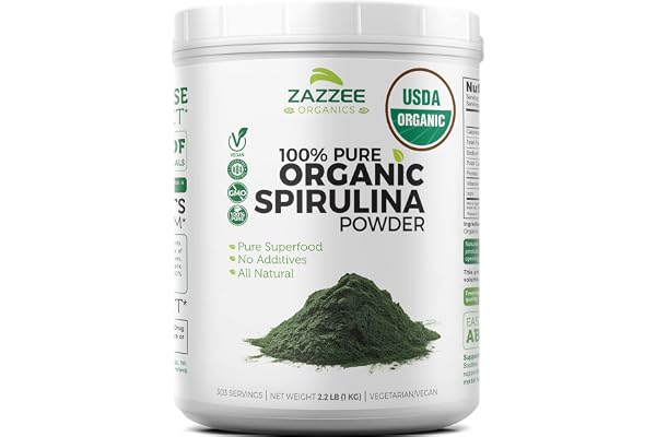 Zazzee USDA Certified Organic Spirulina Powder, 2.2 Pounds (1 KG), 303 Servings, 100% Pure, Non-Irradiated, Mess-Free Wide Mo