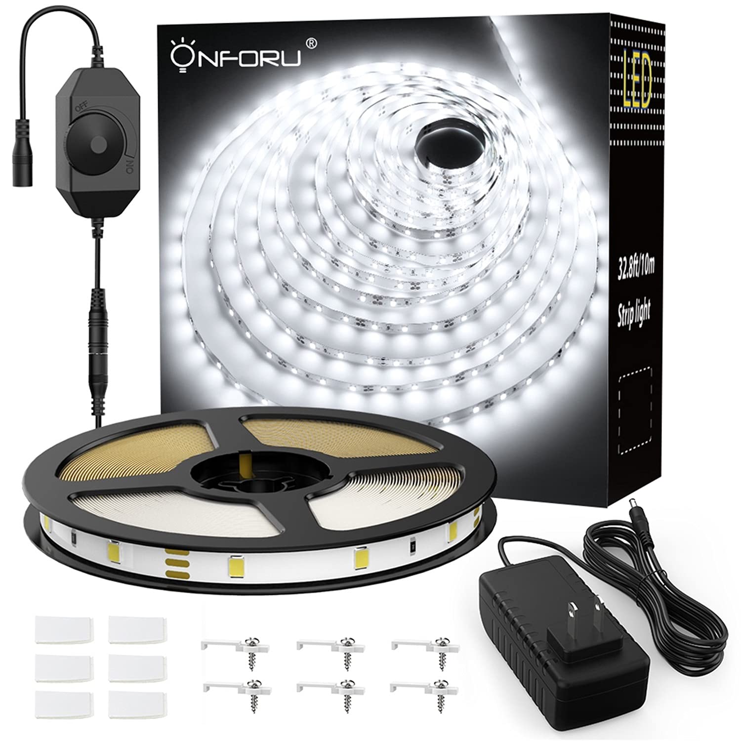 Onforu White Led Strip Lights 32.8ft, 600 LEDs Super Bright Dimmable Tape Light Kit, 6000K Daylight Bright Rope Lights, Flexible Strip Lighting with 2835 LEDs for Mirror, Under Cabinet, Home, Bedroom