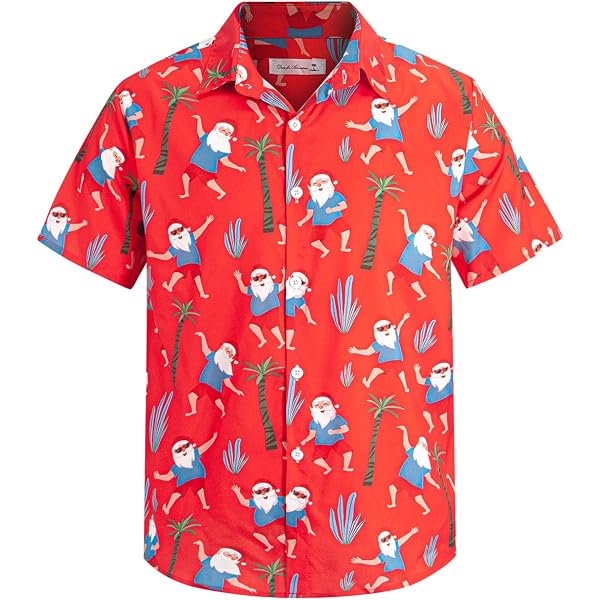 ENVMENST Men’s Christmas Hawaiian Shirt – Santa Print, Short Sleeve, Holiday Party Shirt