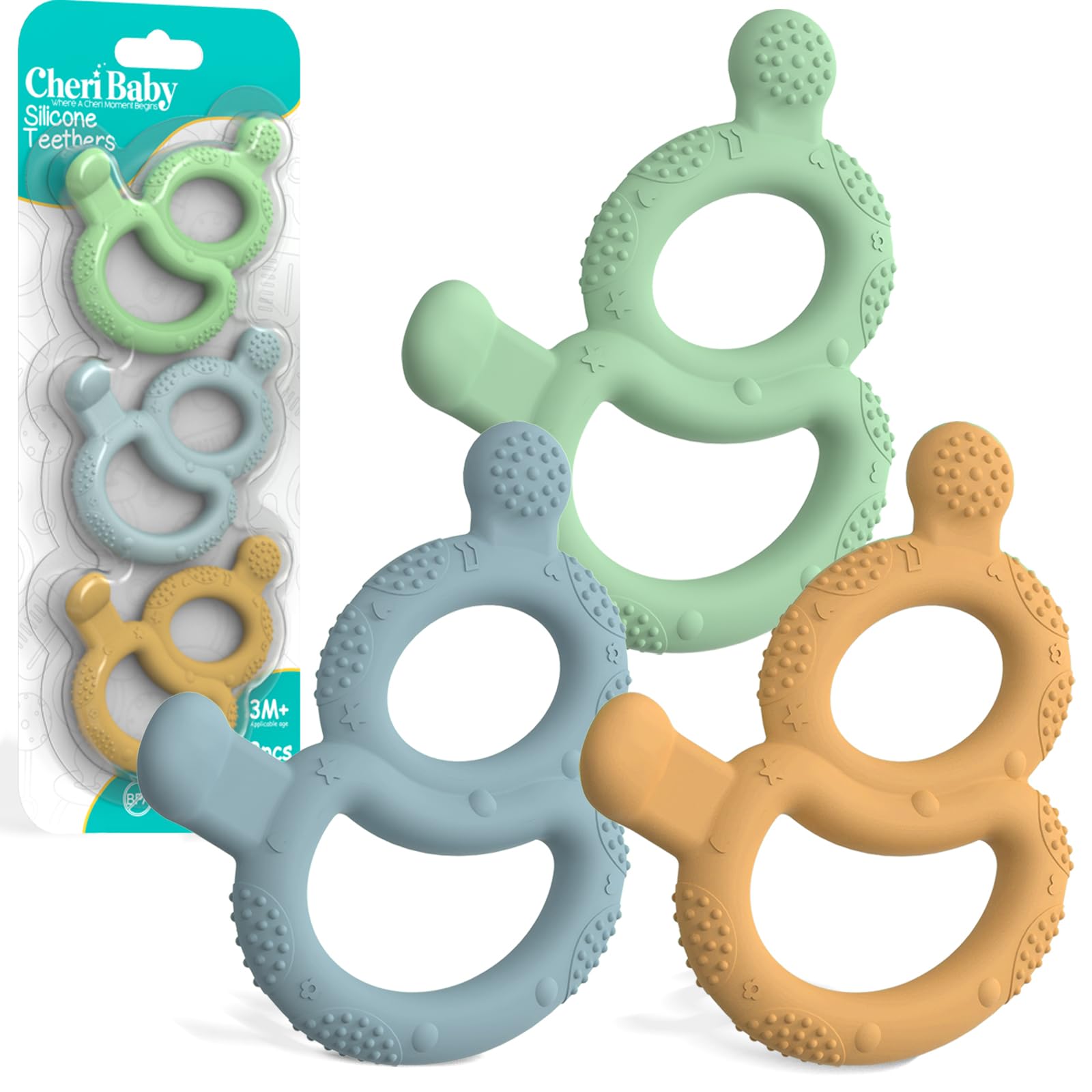 3 Pack Baby Teething Toys for Babies 3-6 Months, Silicone Teething Ring Toys for Babies 6-12 Months, BPA Free Soft and Dual Textured Nipple Teether Relief Soothing Sore Gums Chew Infant Sensory Toys