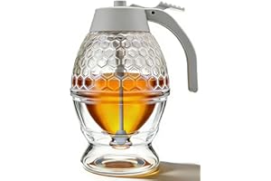 Ahhute Honey Dispenser, No Drip Glass Syrup Dispenser with Stand for Kitchen – Reusable Honey Jars, Easy Pour Honey Pot & Map