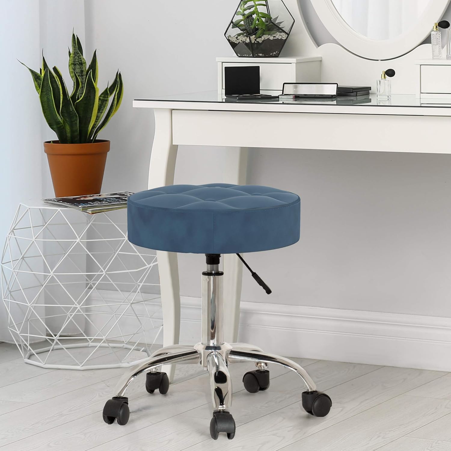 Hillsdale Nora Tufted Adjustable Backless Vanity/Office Stool with Casters, Blue Velvet: Furniture & Decor