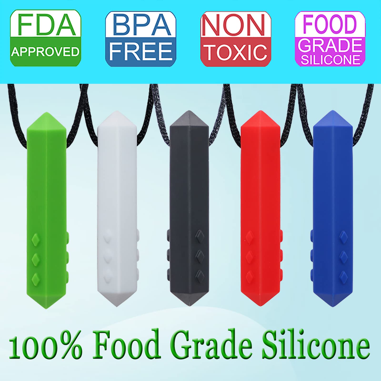 Chew Necklaces for Sensory Kids - 5 Pack Silicone Chewy Toys for ADHD, Autism, SPD, Oral Motor Therapy Tool with Textured Surface, Anxiety Relief Chewables