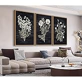 Large Botanical Wall Art for Living Room Natural Wood Float Framed Art Set of 3 White Flowers Pictures Artwork Green Leaf Can