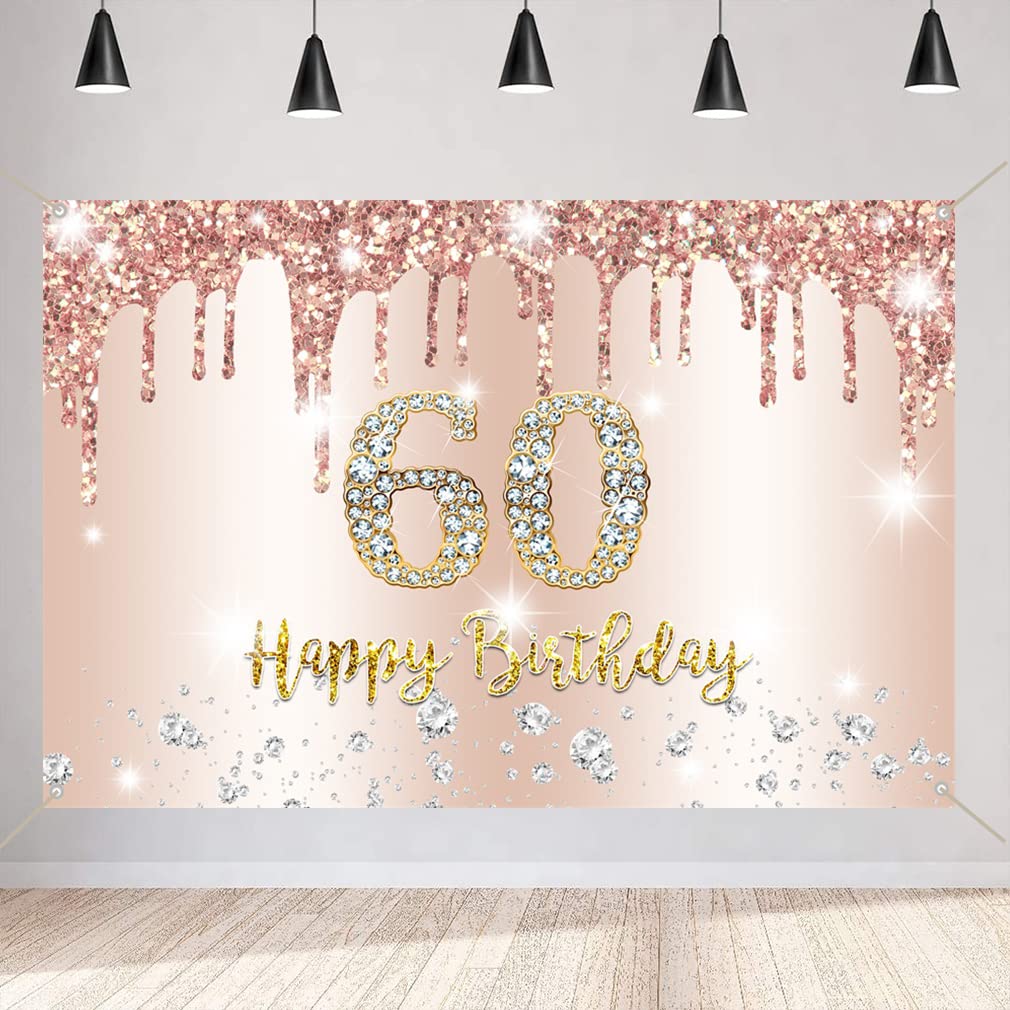 60th Birthday Decorations for Woman, Happy 60th Birthday Party Decoration Backdrop Banner, Happy 60 Years Old Fabric Sign Poster, Glitter Rosegold Photo Background Party Supplies, 150cm x 90cm