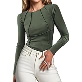 Lueluoye Women's Long Sleeve Shirts 2024 Slim Fit Crew Neck Fall Clothes Exposed Seams Ribbed Basic Tops