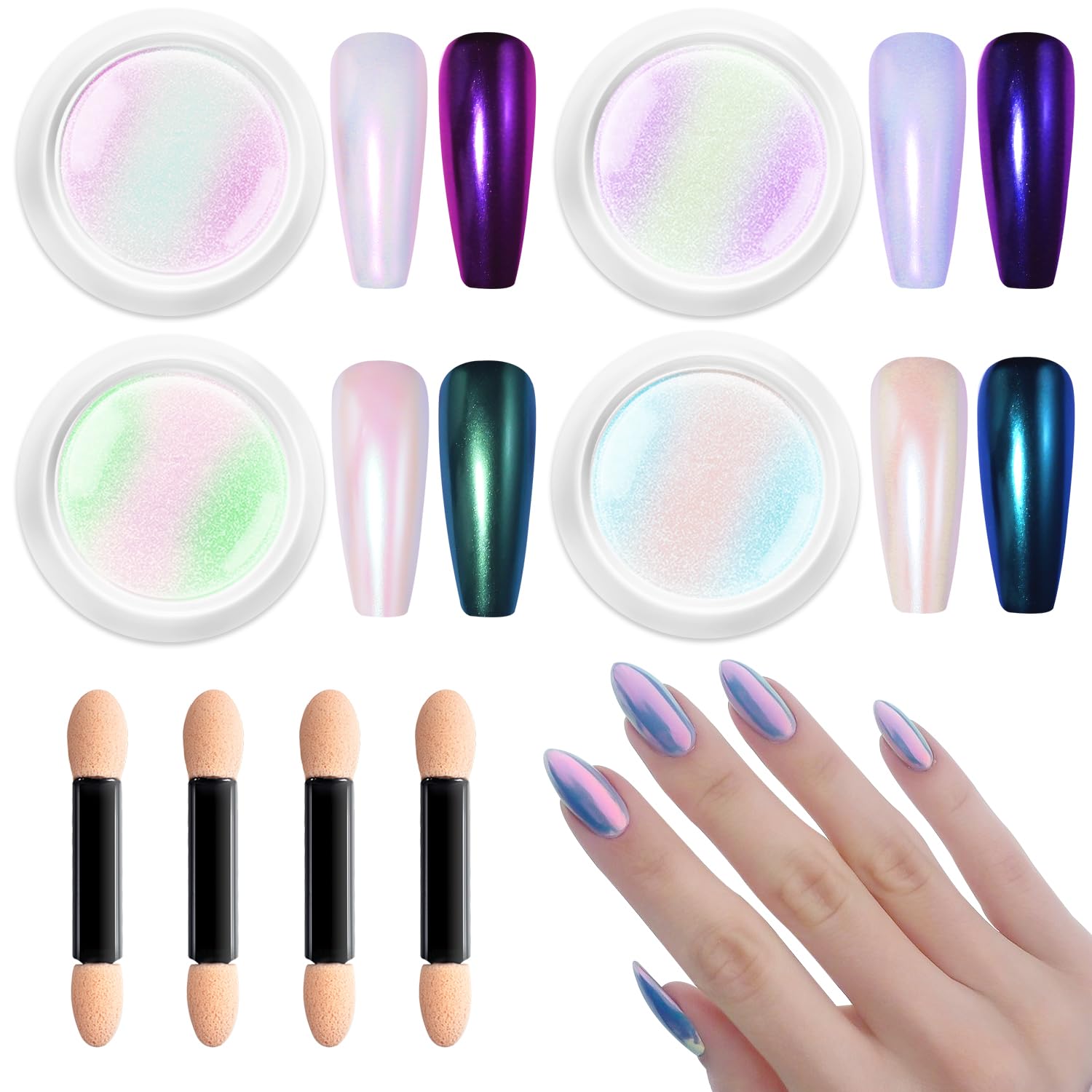 Glassy Pearl Chrome Nail Powder: BISHNGYF High Gloss Aurora Chrome Powder for Nails, Glazed Donut Clear Ice White Magic Nail Pigment Powder Mirror Effect Nail Glitter - 4Pcs Easy to Diy Decor Salon