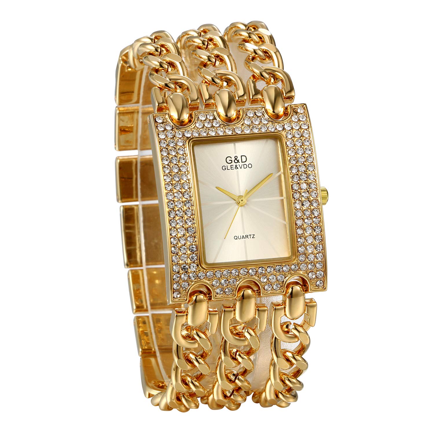 JewelryWe Womens Simple Square Dial Quartz Watch Rhinestone Gold Tone Case Chain Band Wrist Watch