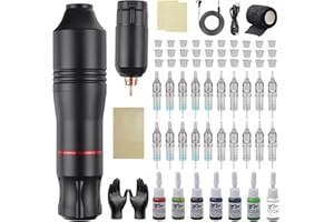 Wireless Tattoo Gun Kit for Beginners: GEEKERA Rotary Pen Machine with 1400mAh Battery - 10 Cartridge Needles 7 Colors Ink Practice Skin - Complete Set for Artists Professional Use