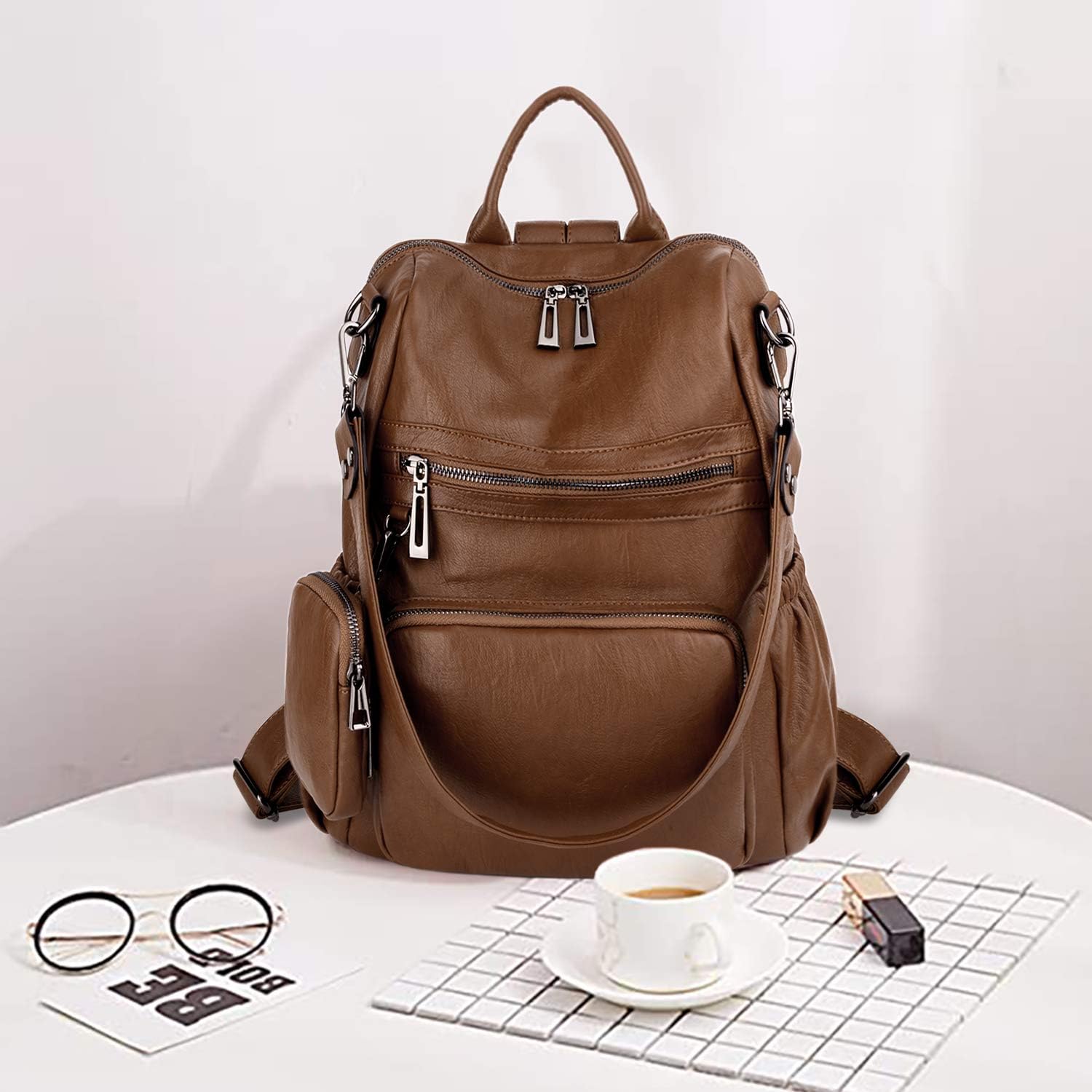 UTO Travel Backpack Women Mother Mum Laptop Rucksack School Bag for Teenage Girls Multi Zipper Pocket with Detachable Pouch PU Leather Brown - Image 3