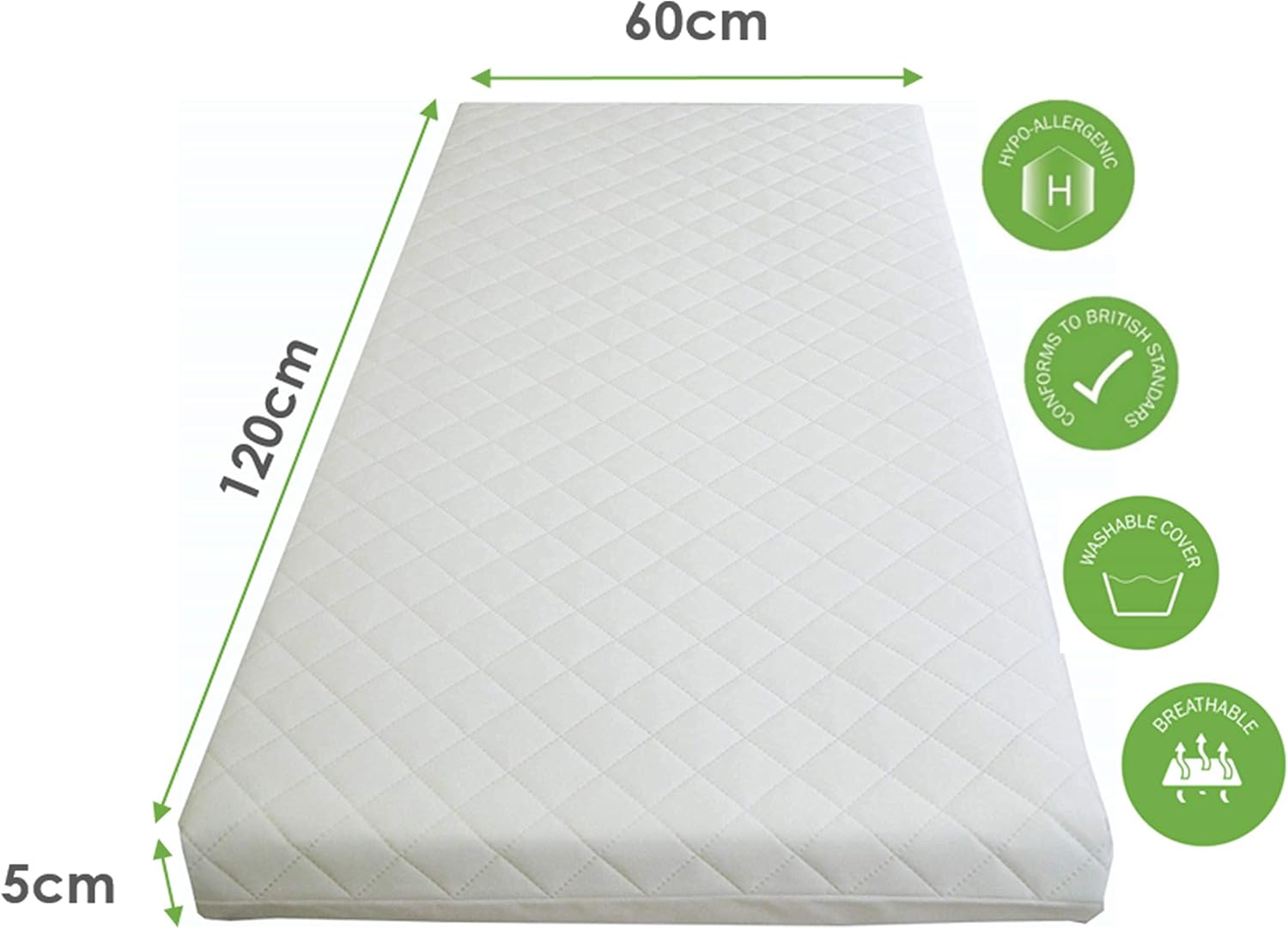 Mother Nurture Classic Quilted Foam Travel Cot Mattress, Polyurethane, 120 x 60 x 5 cm, White, 120 x 60 x 5 cm - Foam - Image 3
